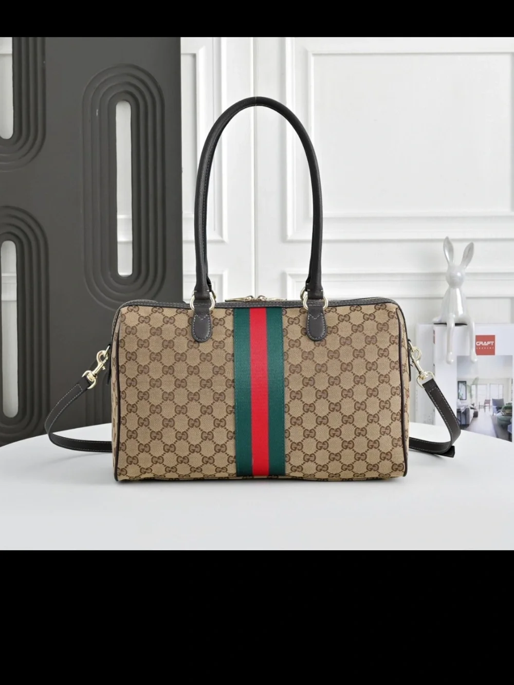 Gucci Beige GG Supreme Satchel with Green and Red Web Stripe
